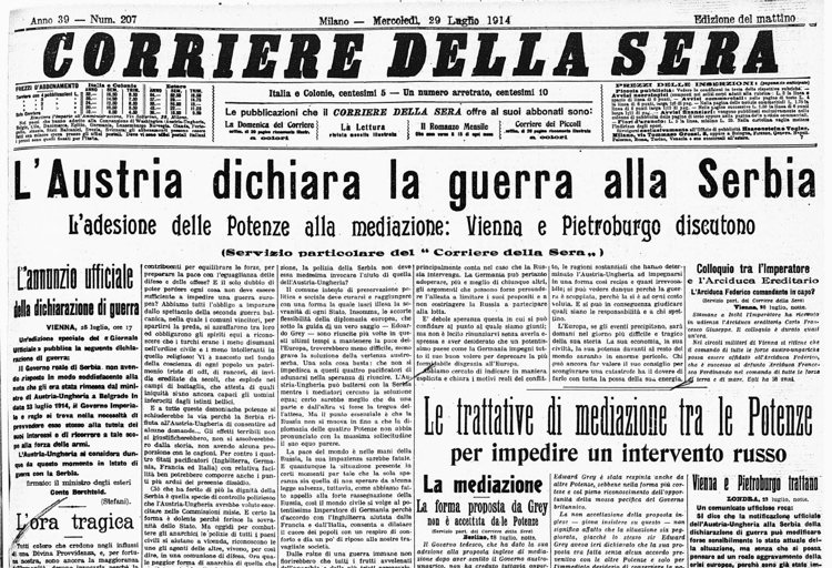 Accadde oggi: 28 luglio 1914, prima guerra mondiale, Vienna dichiara la guerra alla Serbia