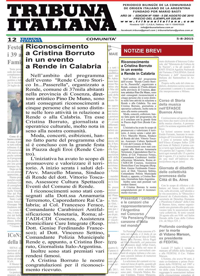 Articolo Pubblicato su "Tribuna Italiana sull'evento "Rende Centro Storico...In Passerella"