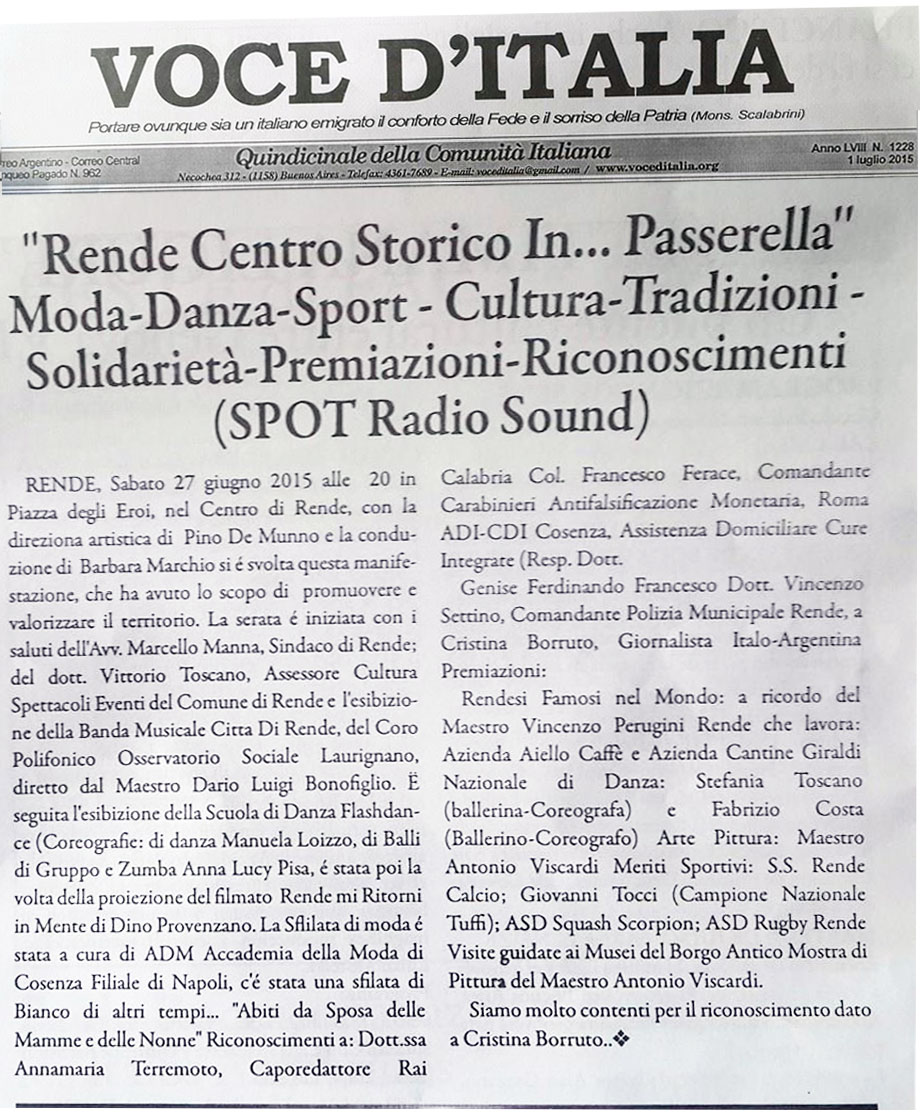 Articolo Pubblicato sul quindicinale "VOCE D'ITALIA" sull'evento "Rende Centro Storico...In Passerella"