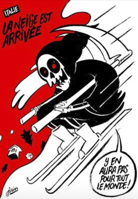Rigopiano: la morte in sci, Charlie Hebdo ironizza