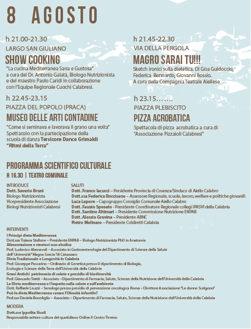 AIELLO CALABRO (COSENZA). Terza edizione del Festival della Dieta Mediterranea, 8-9 agosto