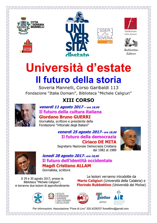SOVERIA MANNELLI (CATANZARO), parte l'Universita' d'estate con Giordano Bruno Guerri, 11-agosto